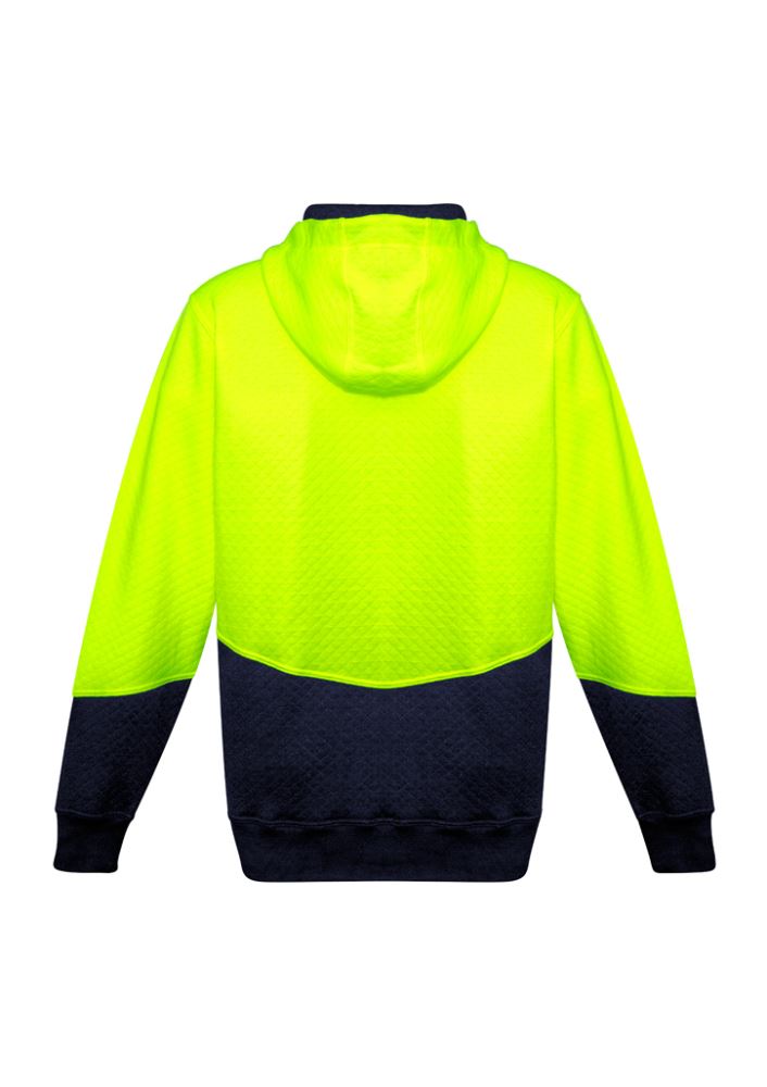 Unisex yellow and navy hi-vis textured jacquard hoodie with zip pockets, adjustable drawstring, and ribbed cuffs for workwear.