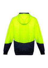 Unisex yellow and navy hi-vis textured jacquard hoodie with zip pockets, adjustable drawstring, and ribbed cuffs for workwear.