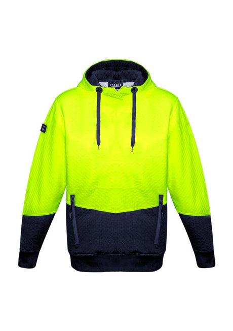 Unisex Hi-Vis Textured Jacquard Hoodie in Yellow/Navy with zip pockets, chunky drawstrings, and elastic cuffs, ideal for work and safety.