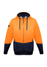 Unisex orange and navy hi-vis textured jacquard full zip hoodie with zipper pockets, perfect for work and outdoor use.