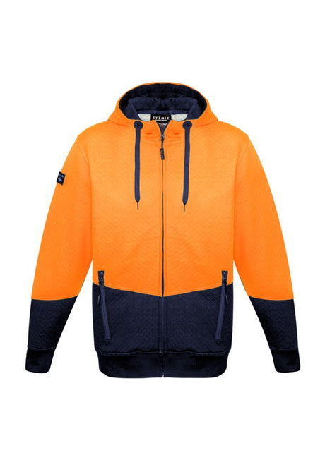 Hi-Vis orange and navy hoodie with zip pockets, chunky drawstrings, and ribbed cuffs for comfort during outdoor work.