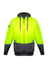 Unisex Hi-Vis Yellow/Charcoal Full Zip Hoodie with textured fabric, zip pockets, and ribbed cuffs - size 7XL by Syzmik.
