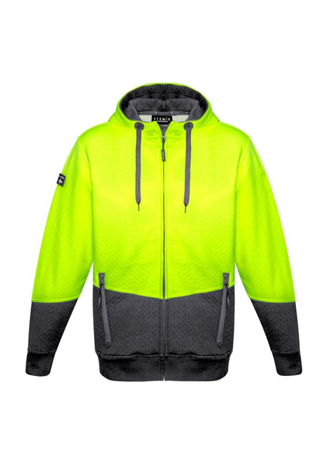 Unisex Hi-Vis Yellow/Charcoal Full Zip Hoodie with textured fabric, zip pockets, and ribbed cuffs - size 7XL by Syzmik.