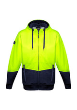 Unisex Hi-Vis textured jacquard full zip hoodie in yellow and navy with durable fabric, zip pockets, and elastic cuffs.