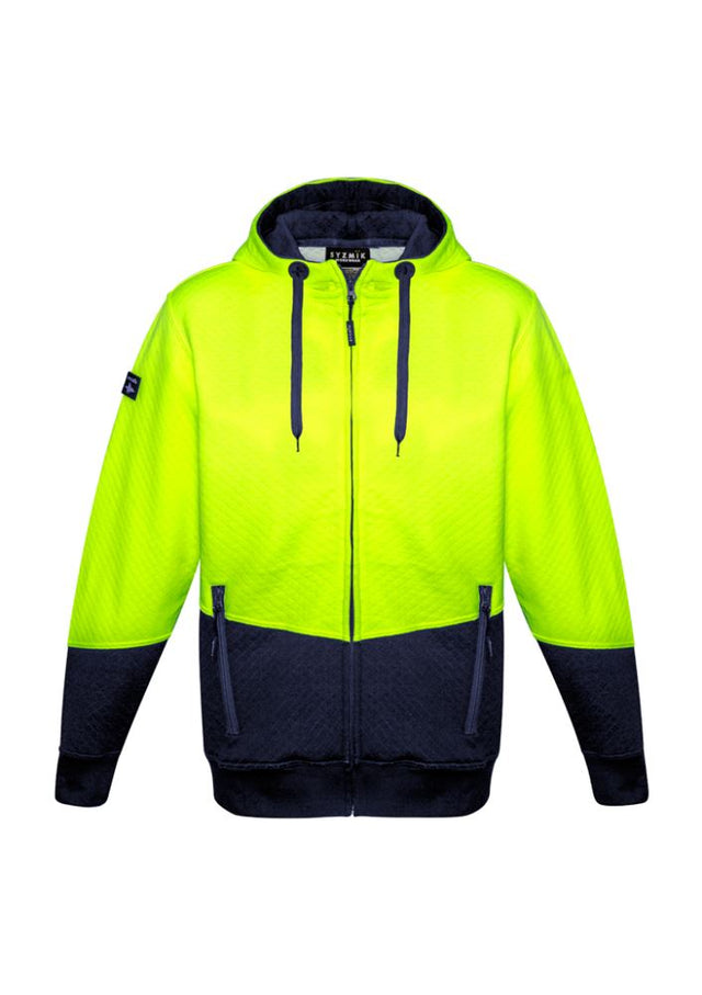 Unisex Hi-Vis textured jacquard full zip hoodie in yellow and navy with durable fabric, zip pockets, and elastic cuffs.