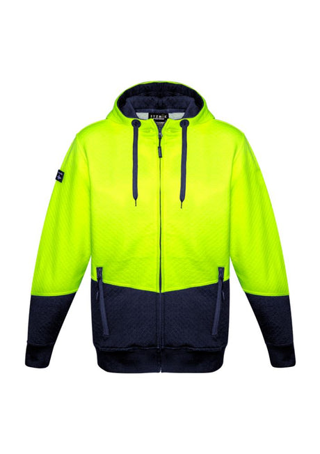 Unisex high-visibility yellow/navy hoodie featuring textured jacquard fabric, zip pockets, and adjustable fit for workwear comfort.