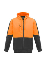 Unisex Hi-Vis Full Zip Hoodie in orange and charcoal, featuring a microfiber-lined hood, heavy-duty zips, and reflective details.