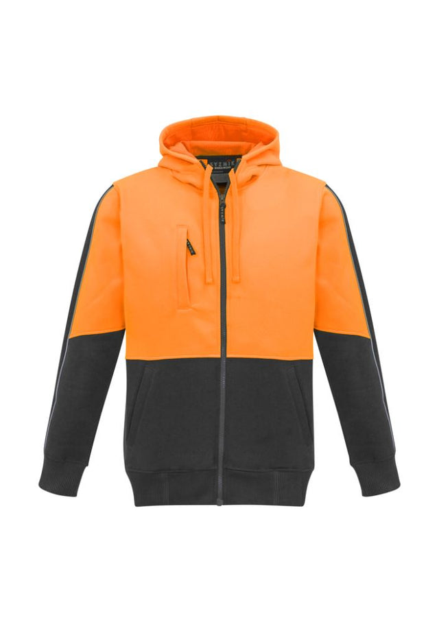 Unisex Hi-Vis Full Zip Hoodie in orange and charcoal, featuring a microfiber-lined hood, heavy-duty zips, and reflective details.