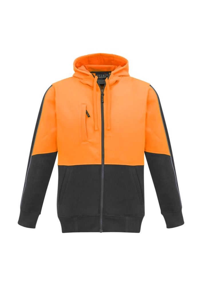 Unisex hi-vis full zip hoodie in orange/charcoal, features reflective details, ample pockets, and a snug fit for work safety.