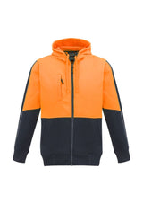 Unisex hi-vis full zip hoodie in orange and navy with reflective piping, dual pockets, and microfiber-lined hood for comfort.