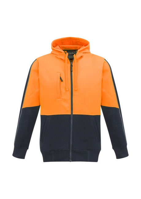 Hi-Vis orange and navy unisex full zip hoodie with reflective details, mobile pocket, and ribbed cuffs for comfort and safety.