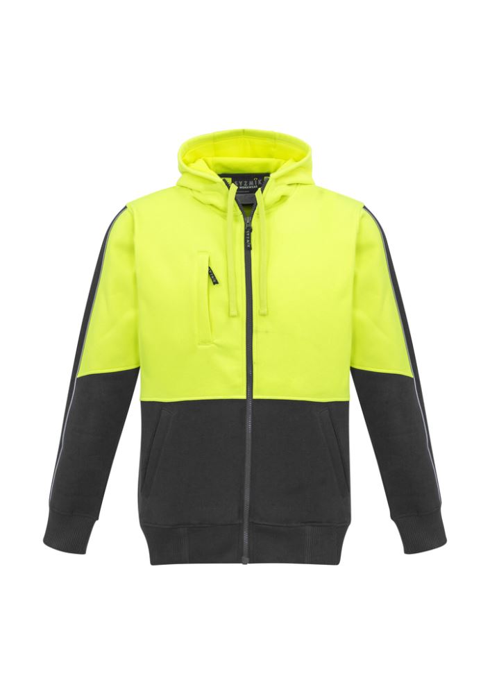Unisex Hi-Vis Full Zip Hoodie in yellow and charcoal, featuring a soft brushed finish, reflective details, and mobile pocket.