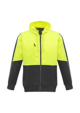 Unisex Hi-Vis Full Zip Hoodie in yellow and charcoal, featuring a soft brushed finish, reflective details, and mobile pocket.