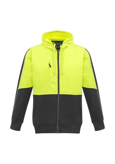 Unisex Hi-Vis Full Zip Hoodie in Yellow/Charcoal featuring a microfiber-lined hood and reflective details for safety.