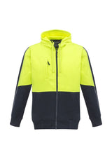 Unisex Hi-Vis Full Zip Hoodie in Yellow and Navy with reflective detailing, heavy-duty zipper, and cozy microfiber-lined hood.