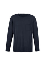 Navy unisex pullover by Syzmik featuring soft fabric, relaxed fit, chest pocket, and trendy rolled hems for casual style.