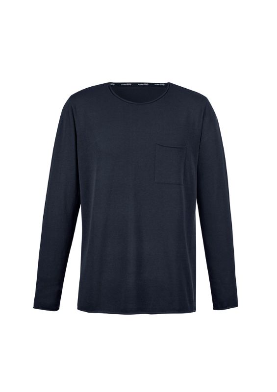 Navy unisex pullover by Syzmik featuring soft fabric, relaxed fit, chest pocket, and trendy rolled hems for casual style.