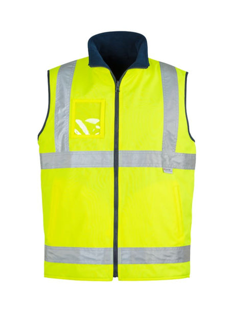 Men's Hi-Vis lightweight fleece-lined vest in bright yellow, featuring reflective tape, pockets, and reversible design for outdoor safety.