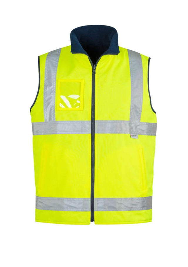 Men's Hi-Vis lightweight fleece-lined vest in bright yellow, featuring reflective tape, pockets, and reversible design for outdoor safety.