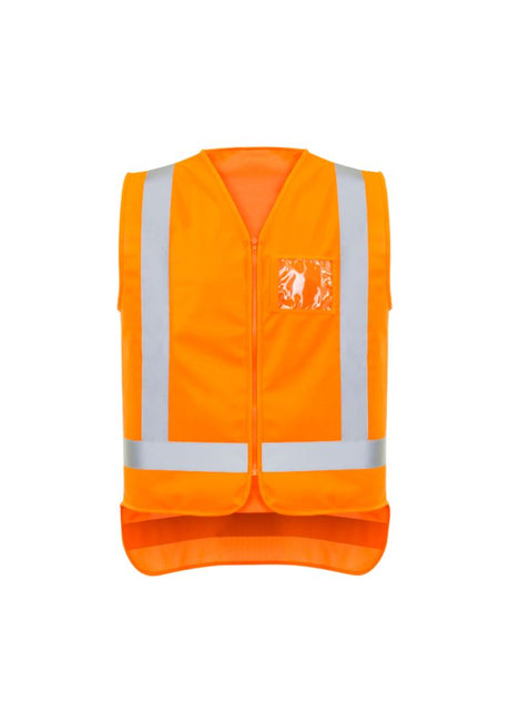 High-visibility orange zip vest for men, featuring durable polyester, clear ID pocket, and compliance with TTMC-W standards.