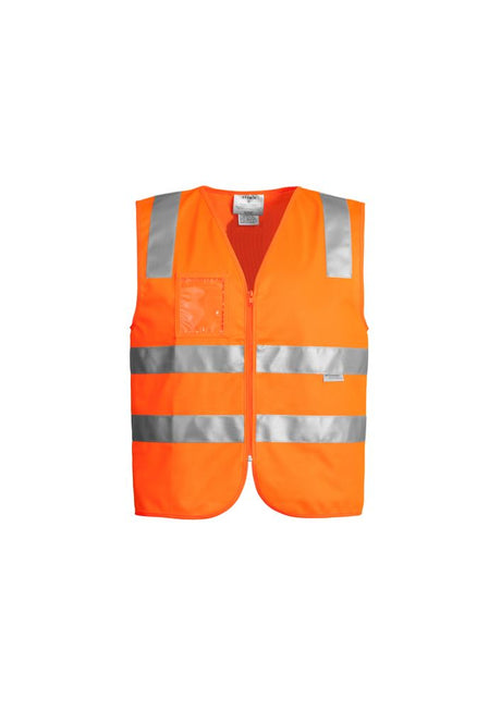 Unisex Hi-Vis Full Zip Vest in orange, featuring reflective tape, ID pocket, and durable polyester for safety and comfort.
