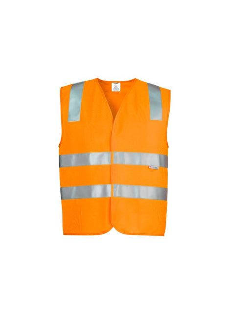 Bright orange unisex hi-vis vest with reflective tape, quick-release fastening, ensuring safety and visibility on job sites.