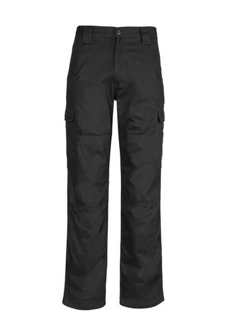 Men's Stout Black Midweight Drill Cargo Pant by Syzmik featuring multi pockets, triple-stitched seams, and reinforced patches.