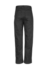 Men's black utility pants made from durable 100% cotton twill, featuring reinforced patches and practical side pocket.