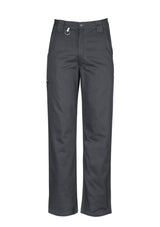 Men's charcoal utility pants with reinforced patches, side pocket, and wide belt loops for durability and comfort in workwear.