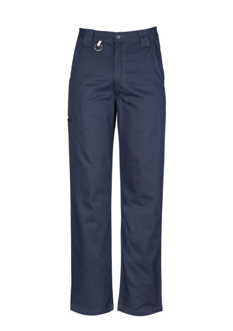 Men's navy utility pants made from durable cotton twill, featuring reinforced heels, triple-stitched seams, and practical pockets.