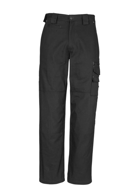 Men's black work pants by Syzmik, featuring 12 pockets, Cordura reinforcements, and durable canvas cotton for heavy-duty tasks.