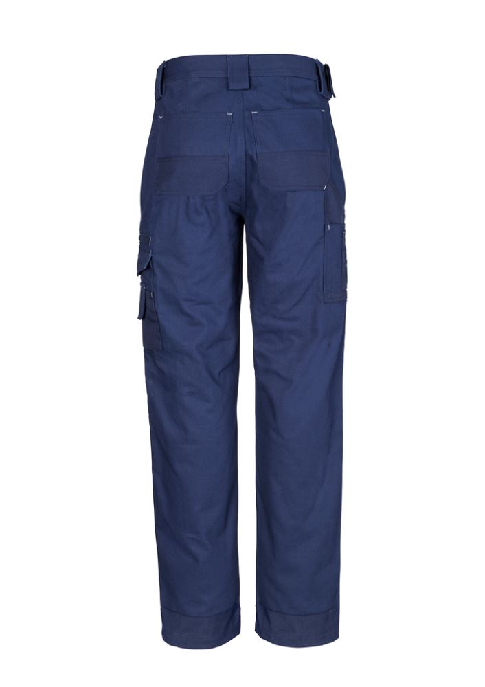 Men's blue Cordura Duckweave pants featuring 12 pockets, reinforced knees, and a durable canvas cotton construction.