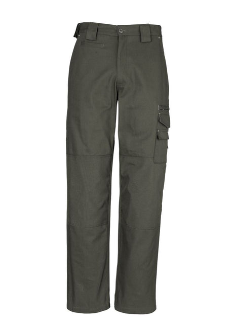 Men's olive Cordura Duckweave pants featuring 12 pockets, triple-stitched seams, and durable cotton fabric for heavy-duty wear.