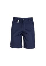 Men's navy utility shorts with cotton twill fabric, reinforced pockets, plastic 'D' ring, and triple-stitched seams for durability.