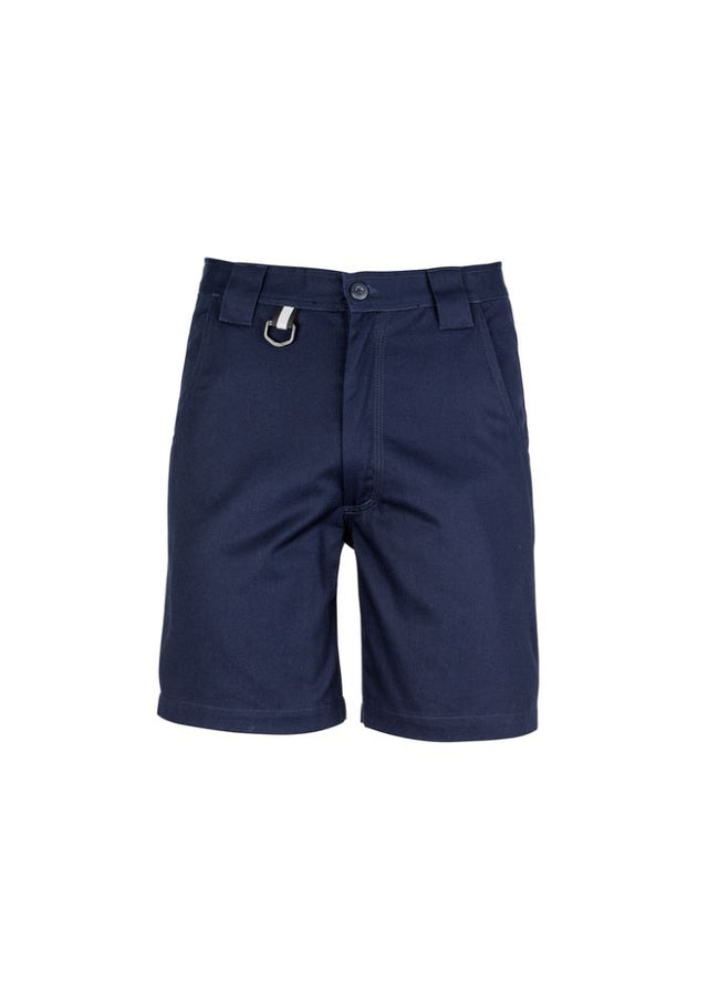 Men's navy utility shorts with cotton twill fabric, reinforced pockets, plastic 'D' ring, and triple-stitched seams for durability.