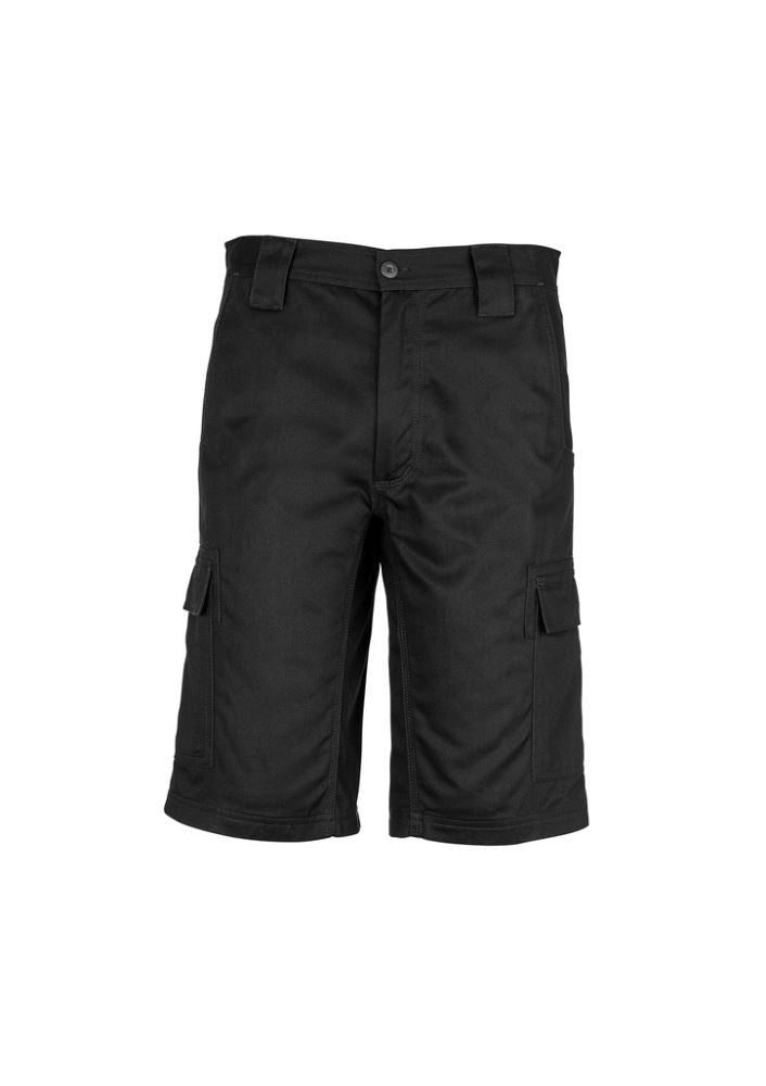 Men's black drill cargo shorts by Syzmik, made of durable cotton twill with multiple pockets, designed for comfort and functionality.