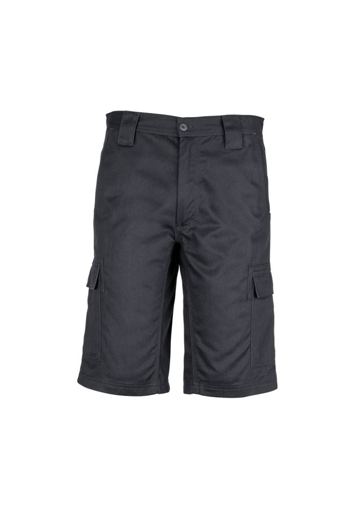 Men's navy drill cargo shorts featuring durable cotton twill, multiple pockets, and triple-stitched seams for tough work environments.