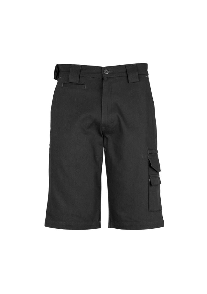 Durable black Cordura Duckweave shorts with 12 pockets, triple-stitched seams, and heavy-duty cotton for comfort and utility.