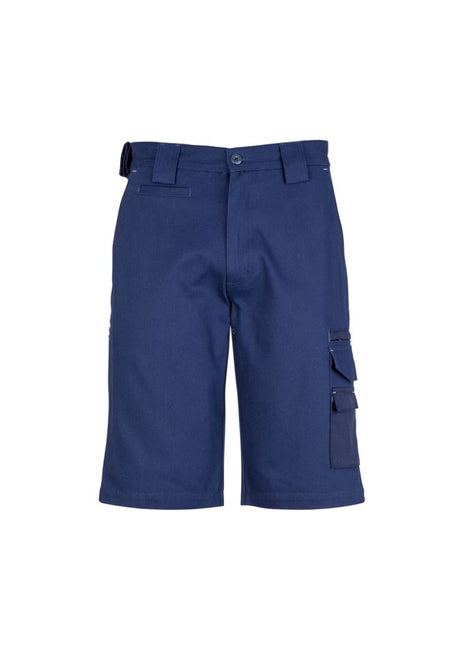 Men's blue Cordura Duckweave shorts with 12 pockets, durable fabric, and triple-stitched seams for heavy-duty tasks.