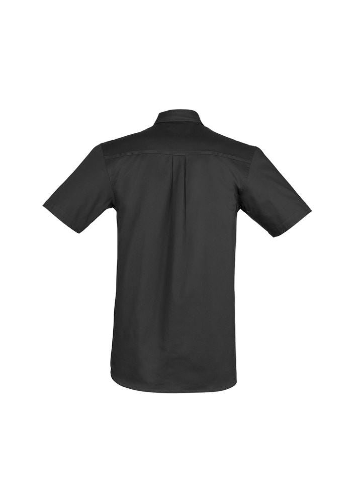 Mens lightweight black tradie shirt with short sleeves, 100% cotton, durable seams, and ample storage pockets for work essentials.