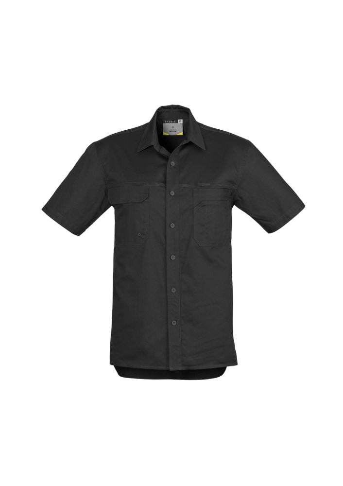 Men's lightweight black tradie shirt in 5XL with durable cotton twill, triple-stitched seams, and ample storage pockets.