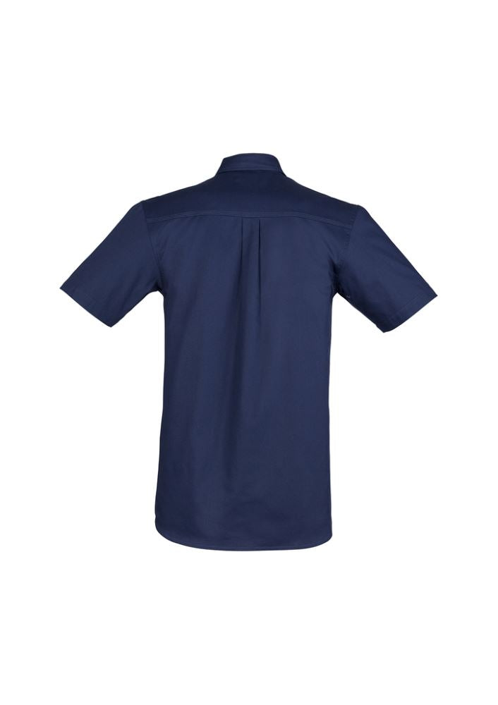 Men's lightweight blue tradie shirt, size Large, featuring durable cotton twill, chest pockets, and underarm vent eyelets.