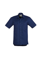 Lightweight blue short sleeve tradie shirt in 2XL with triple stitched seams, large pockets, and underarm vent eyelets.