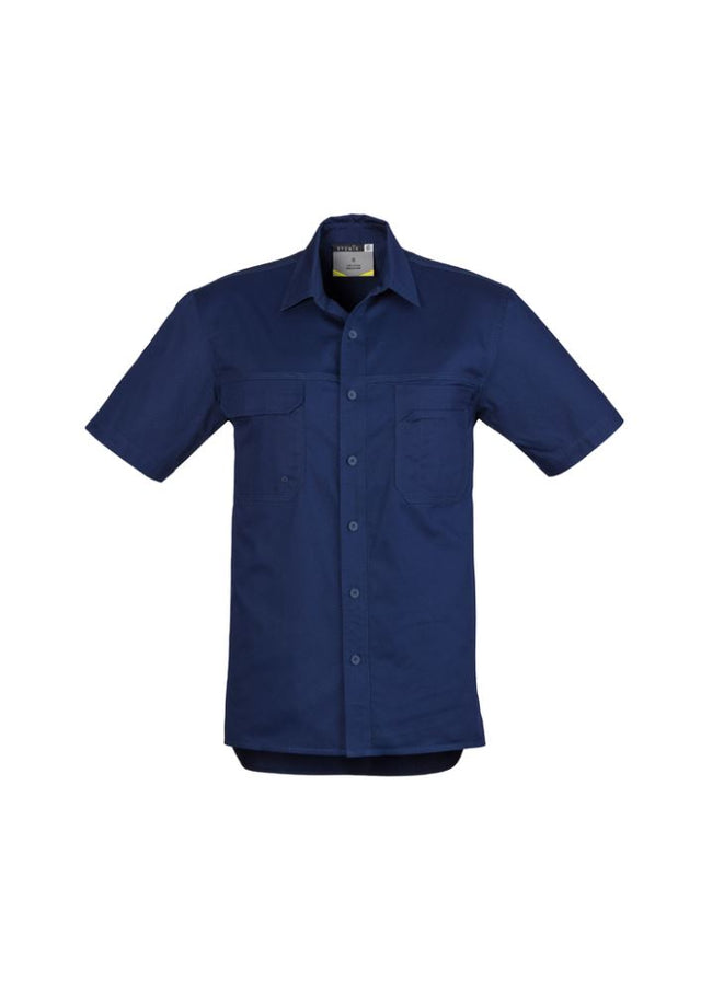 Lightweight blue short-sleeve men's tradie shirt with 3 pockets, durable cotton, and breathable design for comfort at work.