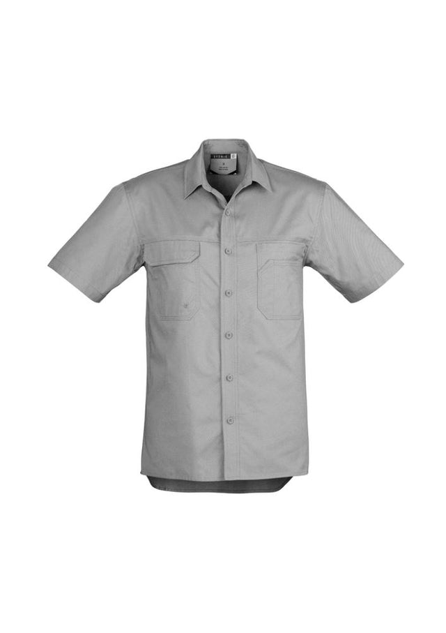 Men's 2XL light grey tradie shirt by Syzmik, featuring triple stitched seams, multiple pockets, and underarm vents for comfort.