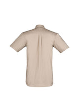 Men's lightweight short sleeve tradie shirt in sand, 2XL, featuring durable cotton, multiple pockets, and underarm vents.