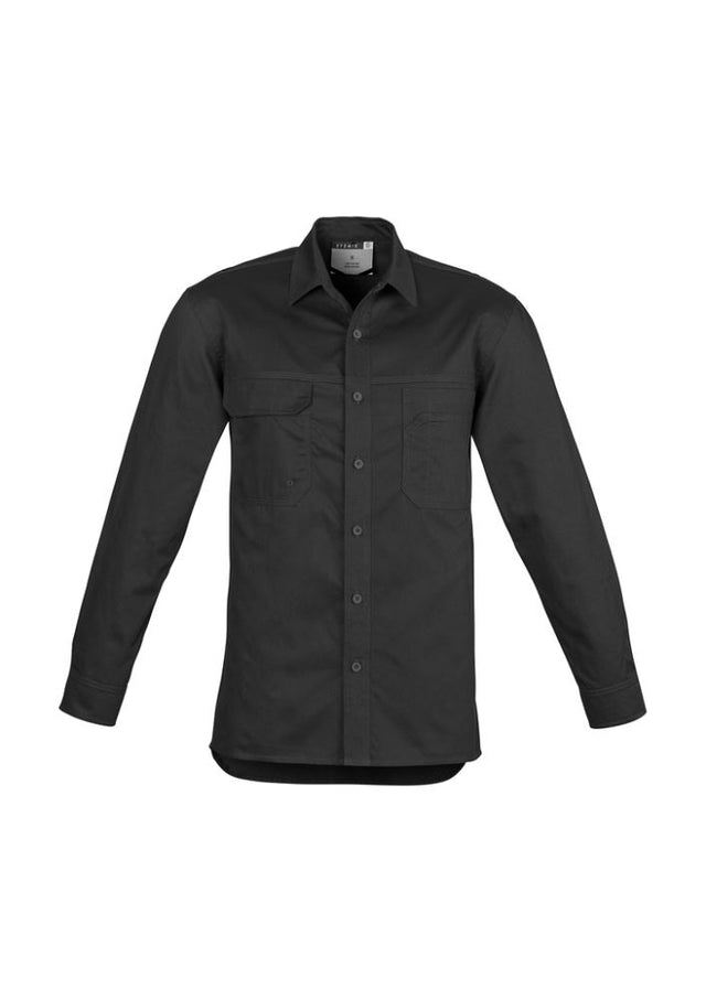 Men's long sleeve black tradie shirt with cotton twill fabric, triple-stitched seams, and multiple functional pockets.