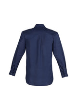 Men's long sleeve lightweight blue tradie shirt from Syzmik, featuring triple stitched seams, chest pockets, and underarm vent eyelets.