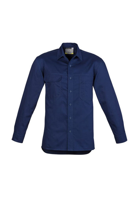 Syzmik Men's Lightweight Tradie Shirt in blue, made from breathable cotton with multiple pockets and enhanced airflow features.