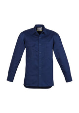 Men's blue lightweight long sleeve tradie shirt, featuring durable cotton twill, multiple pockets, and enhanced breathability.